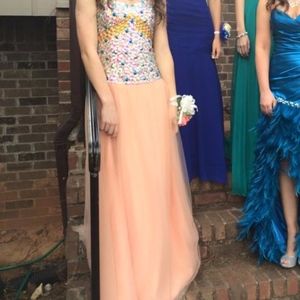 Coral/Pink/Peach Strapless Rhinestone Prom Dress!